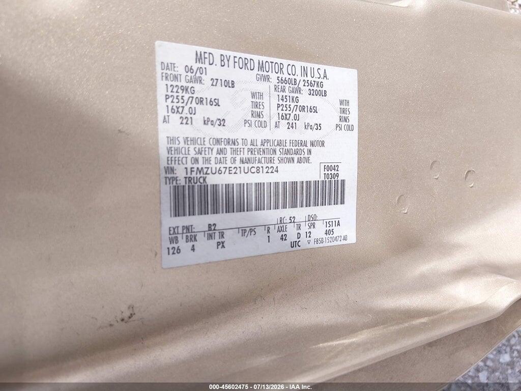 1FMZU67E21UC81224 2001 FORD EXPLORER SPORT TRAC photo no. 9