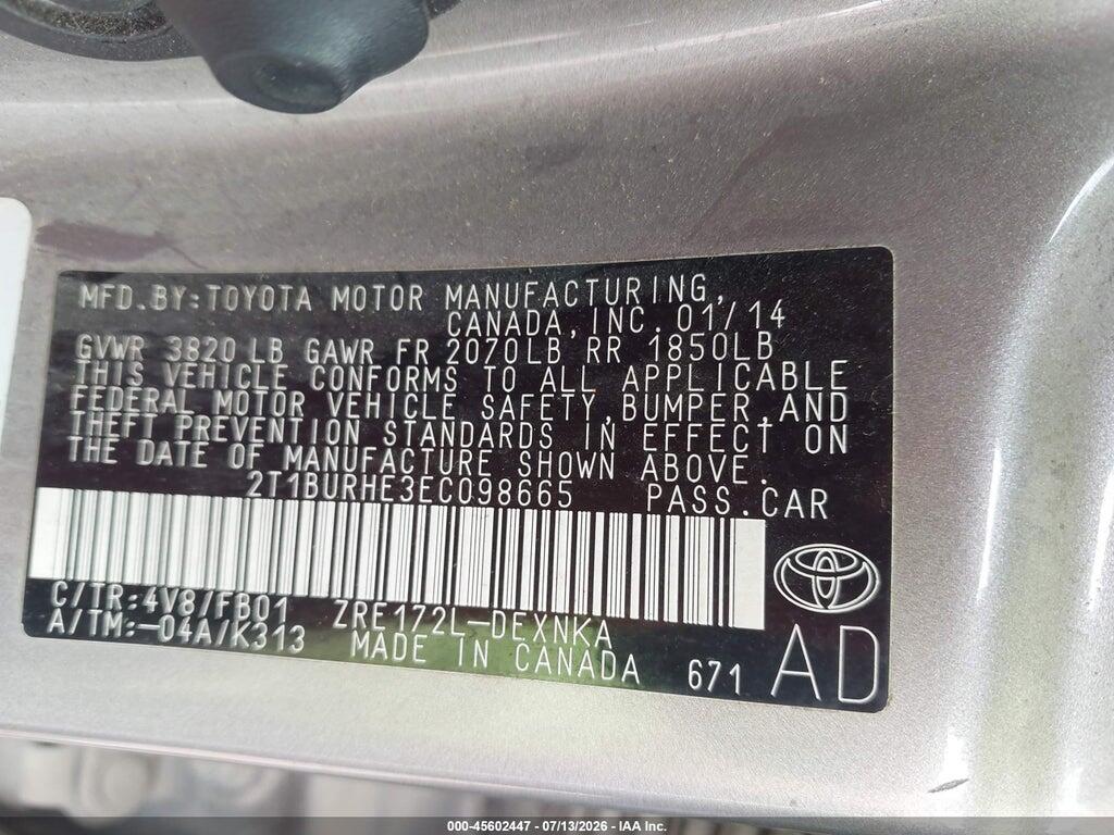 2T1BURHE3EC098665 2014 TOYOTA COROLLA photo no. 9
