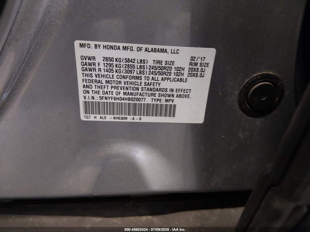 5FNYF6H04HB020077 2017 HONDA PILOT photo no. 9