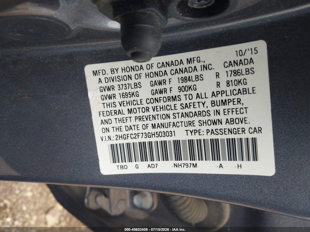 2HGFC2F73GH503031 2016 HONDA CIVIC photo no. 9