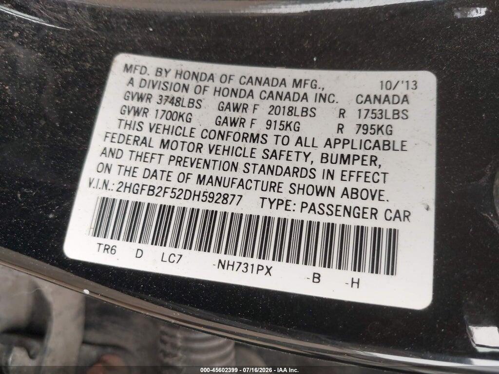 2HGFB2F52DH592877 2013 HONDA CIVIC photo no. 9