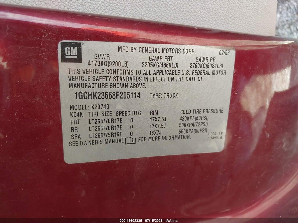 1GCHK23668F205114 2008 CHEVROLET SILVERADO 2500HD photo no. 9