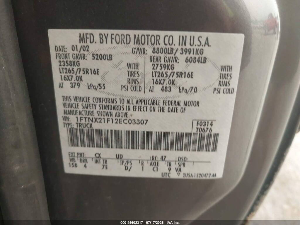 1FTNX21F12EC03307 2002 FORD F-250 photo no. 9