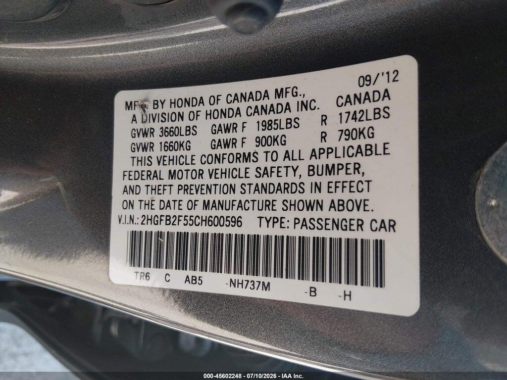 2HGFB2F55CH600596 2012 HONDA CIVIC photo no. 9