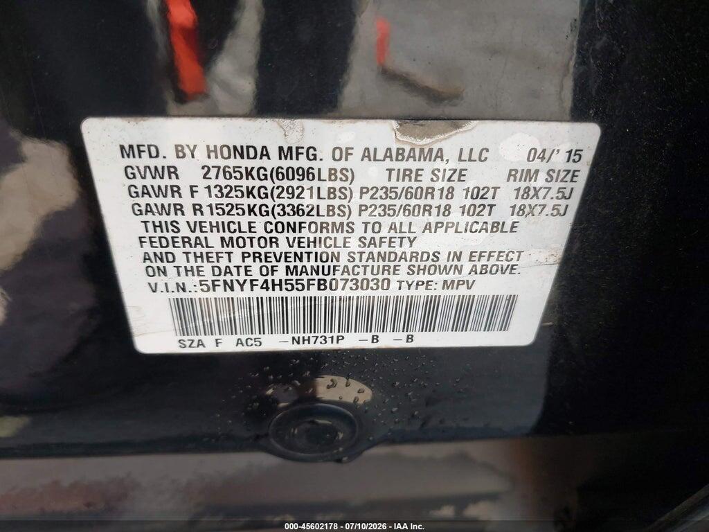 5FNYF4H55FB073030 2015 HONDA PILOT photo no. 9