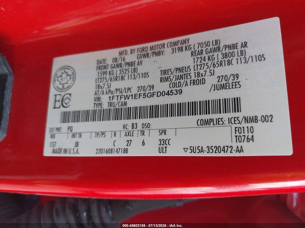 1FTFW1EF5GFD04539 2016 FORD F-150 photo no. 9
