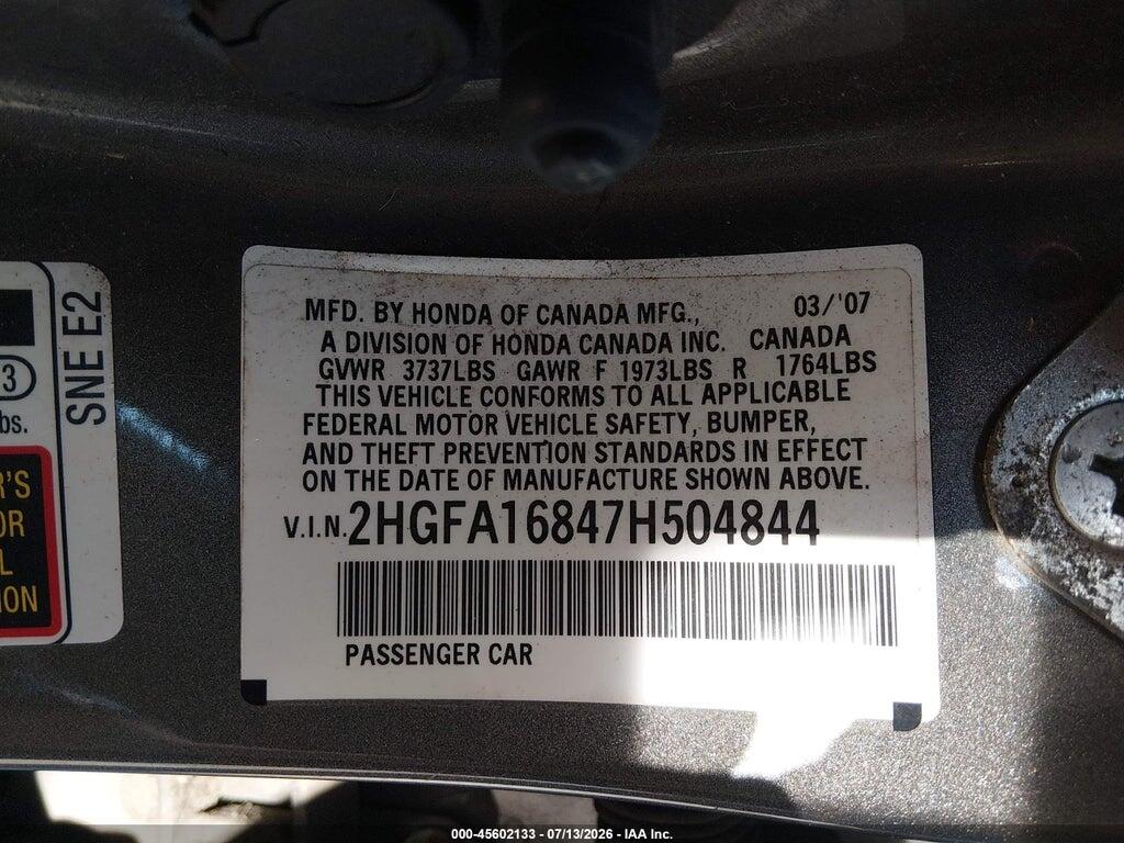 2HGFA16847H504844 2007 HONDA CIVIC photo no. 9