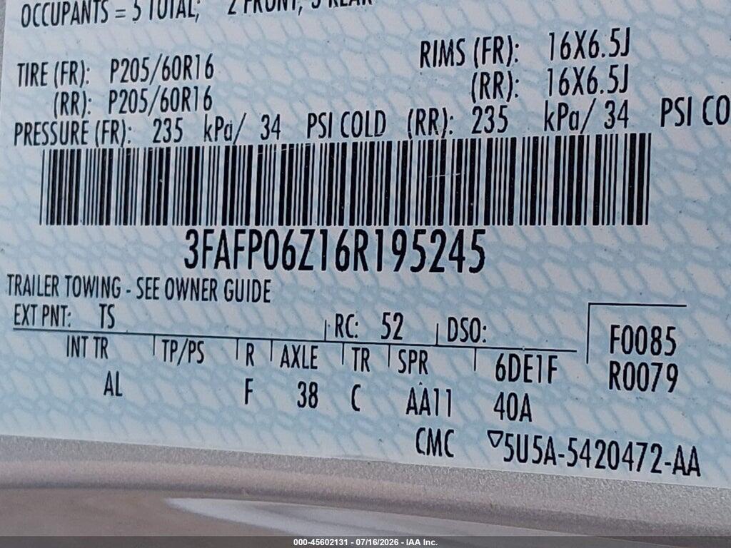 3FAFP06Z16R195245 2006 FORD FUSION photo no. 9