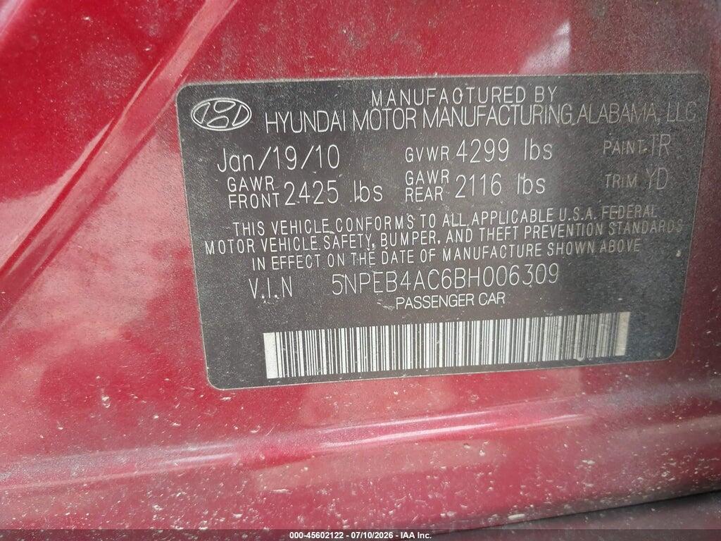 5NPEB4AC6BH006309 2011 HYUNDAI SONATA photo no. 9