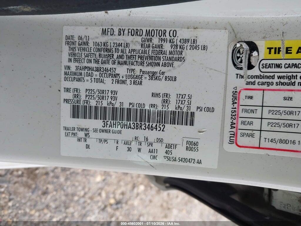 3FAHP0HA3BR346452 2011 FORD FUSION photo no. 9