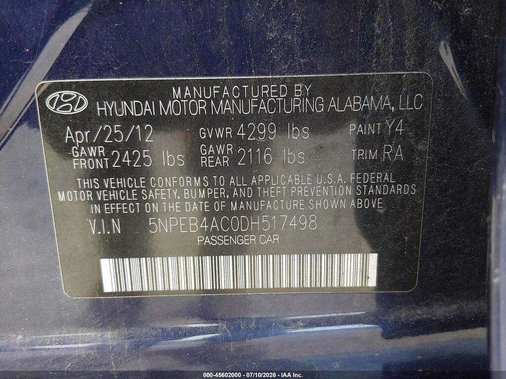 5NPEB4AC0DH517498 2013 HYUNDAI SONATA photo no. 9