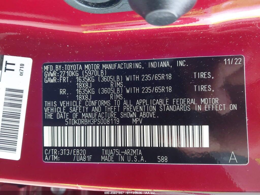 5TDKDRBH3PS008119 2023 TOYOTA HIGHLANDER photo no. 9