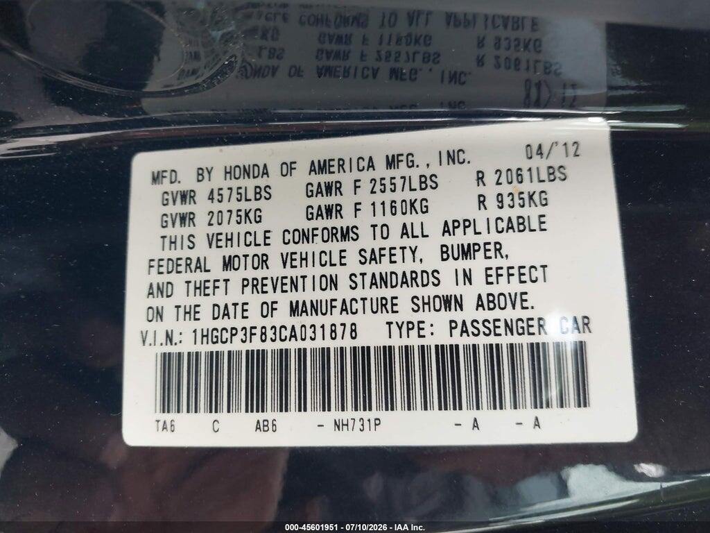 1HGCP3F83CA031878 2012 HONDA ACCORD photo no. 9