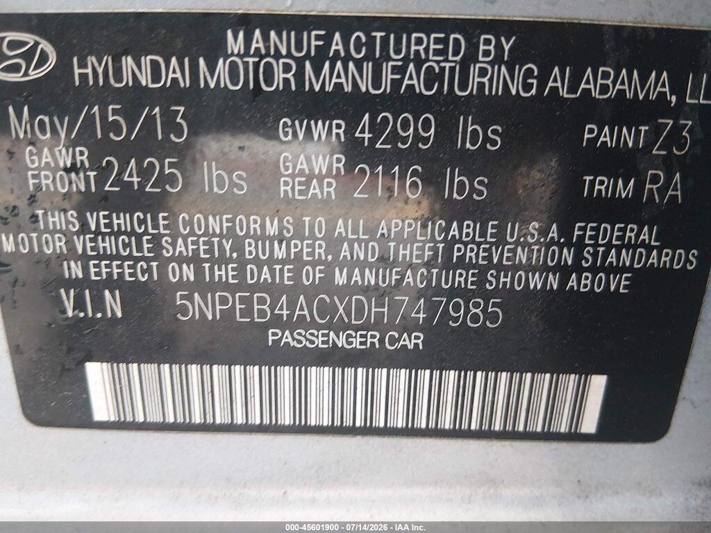 5NPEB4ACXDH747985 2013 HYUNDAI SONATA photo no. 9