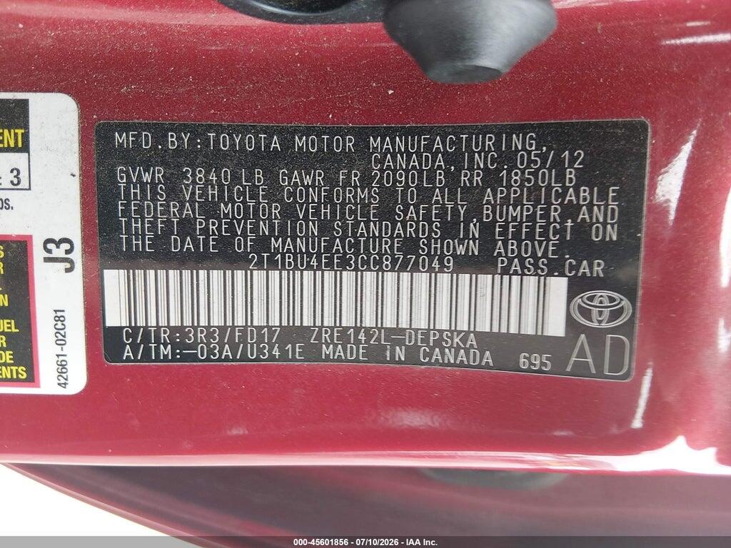2T1BU4EE3CC877049 2012 TOYOTA COROLLA photo no. 9