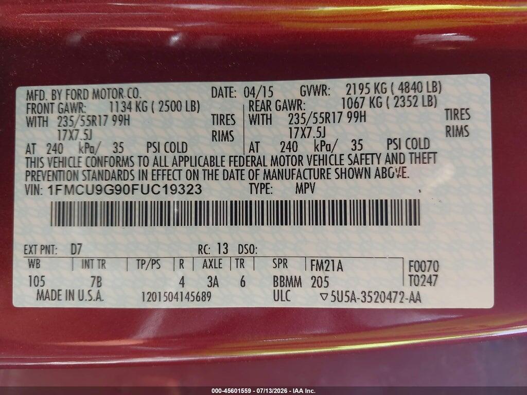 1FMCU9G90FUC19323 2015 FORD ESCAPE photo no. 9