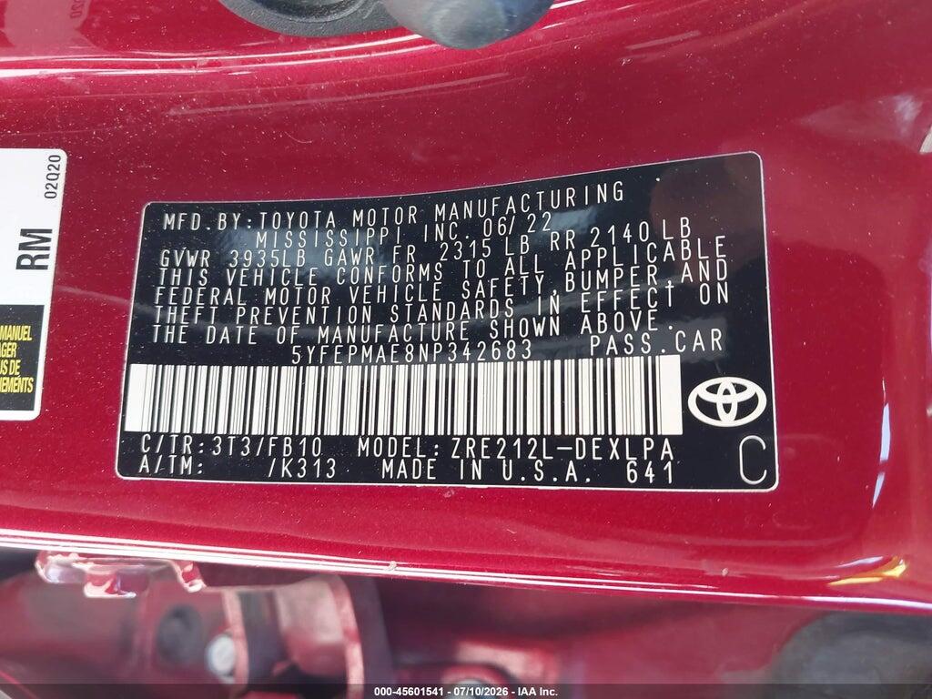 5YFEPMAE8NP342683 2022 TOYOTA COROLLA photo no. 9