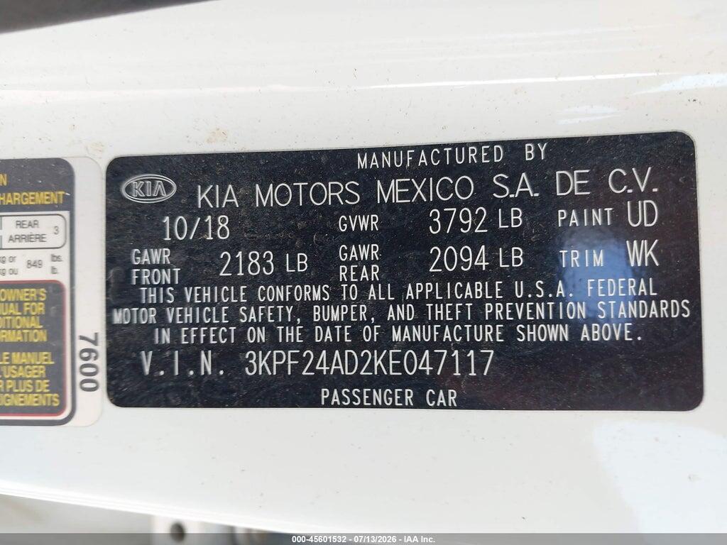 3KPF24AD2KE047117 2019 KIA FORTE photo no. 9