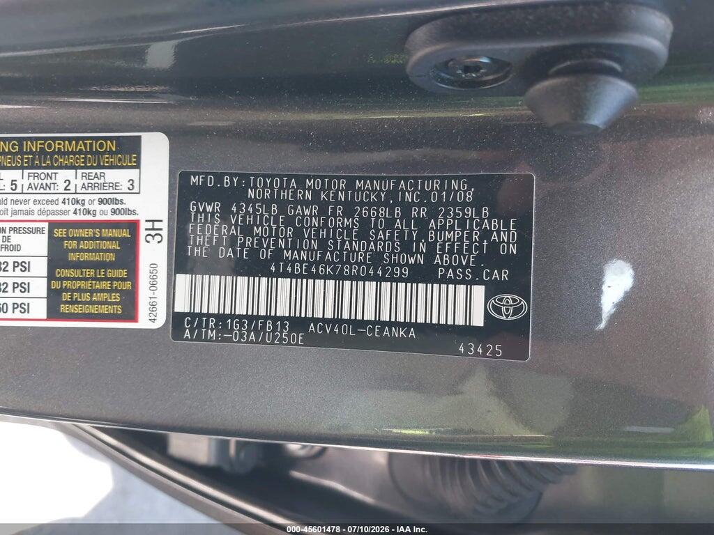 4T4BE46K78R044299 2008 TOYOTA CAMRY photo no. 9