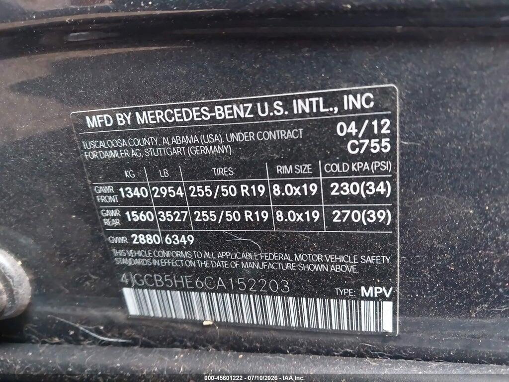 4JGCB5HE6CA152203 2012 MERCEDES-BENZ R 350 photo no. 9