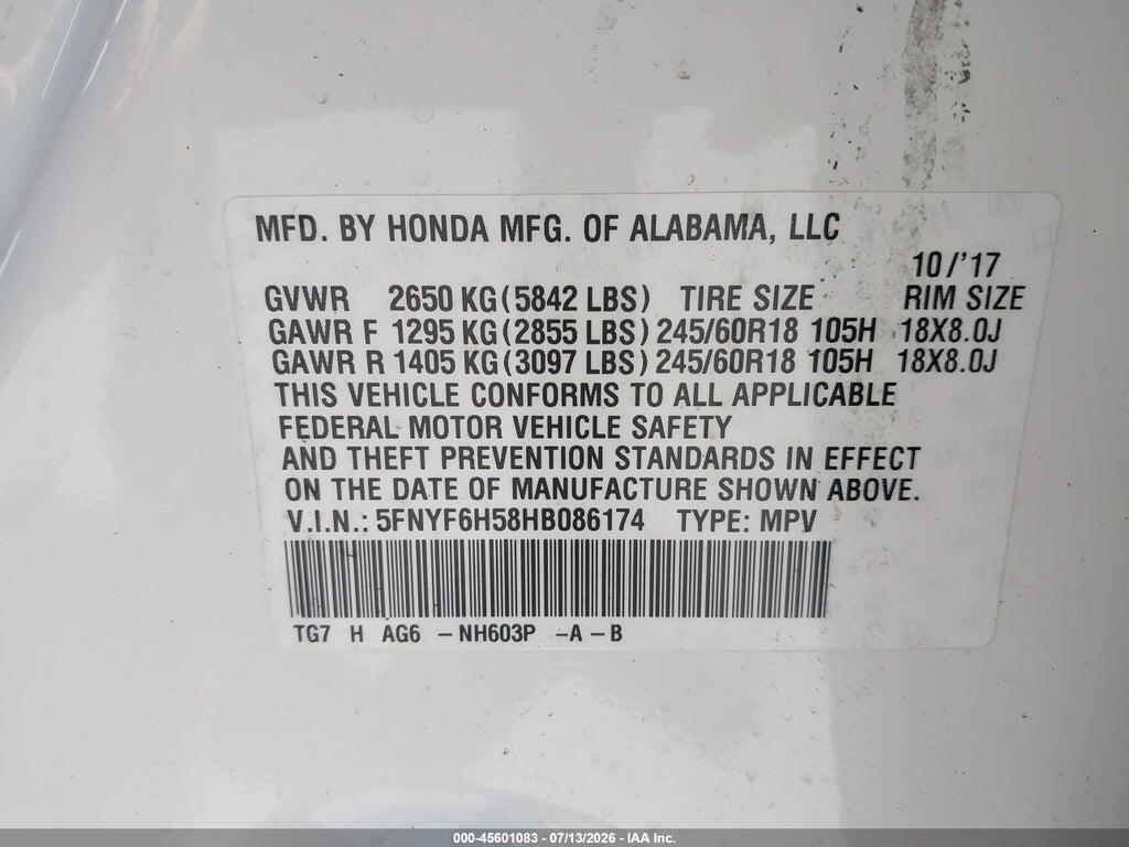 5FNYF6H58HB086174 2017 HONDA PILOT photo no. 9
