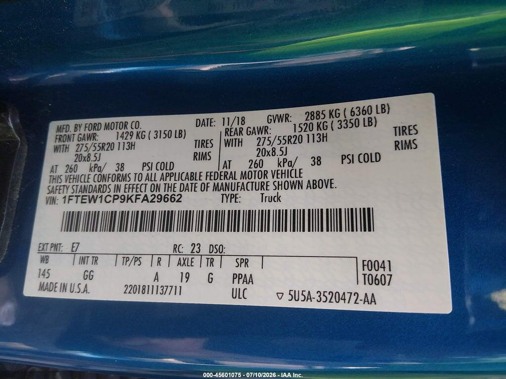 1FTEW1CP9KFA29662 2019 FORD F-150 photo no. 9