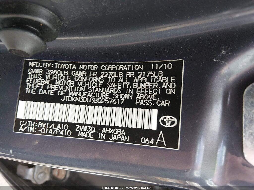 JTDKN3DU3B0257617 2011 TOYOTA PRIUS photo no. 9