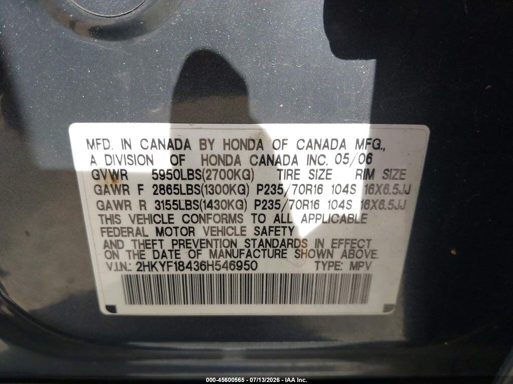 2HKYF18436H546950 2006 HONDA PILOT photo no. 9