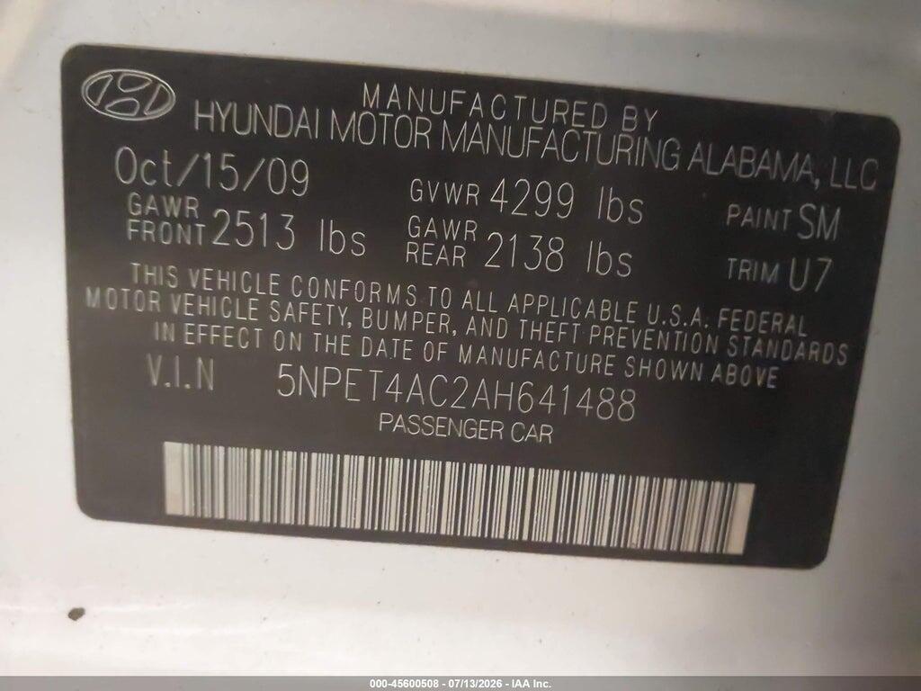 5NPET4AC2AH641488 2010 HYUNDAI SONATA photo no. 9