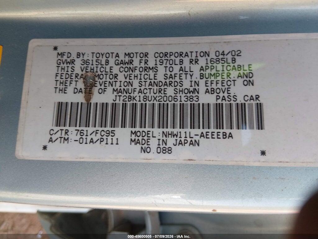 JT2BK18UX20061383 2002 TOYOTA PRIUS photo no. 9