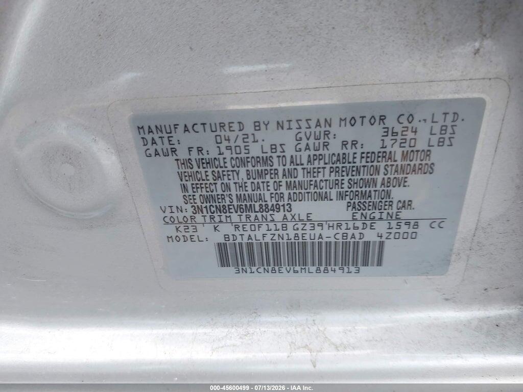 3N1CN8EV6ML884913 2021 NISSAN VERSA photo no. 9