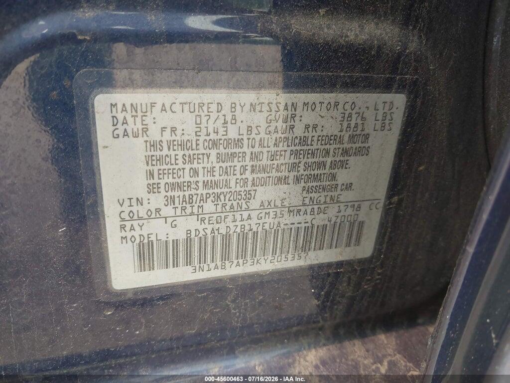 3N1AB7AP3KY205357 2019 NISSAN SENTRA photo no. 9