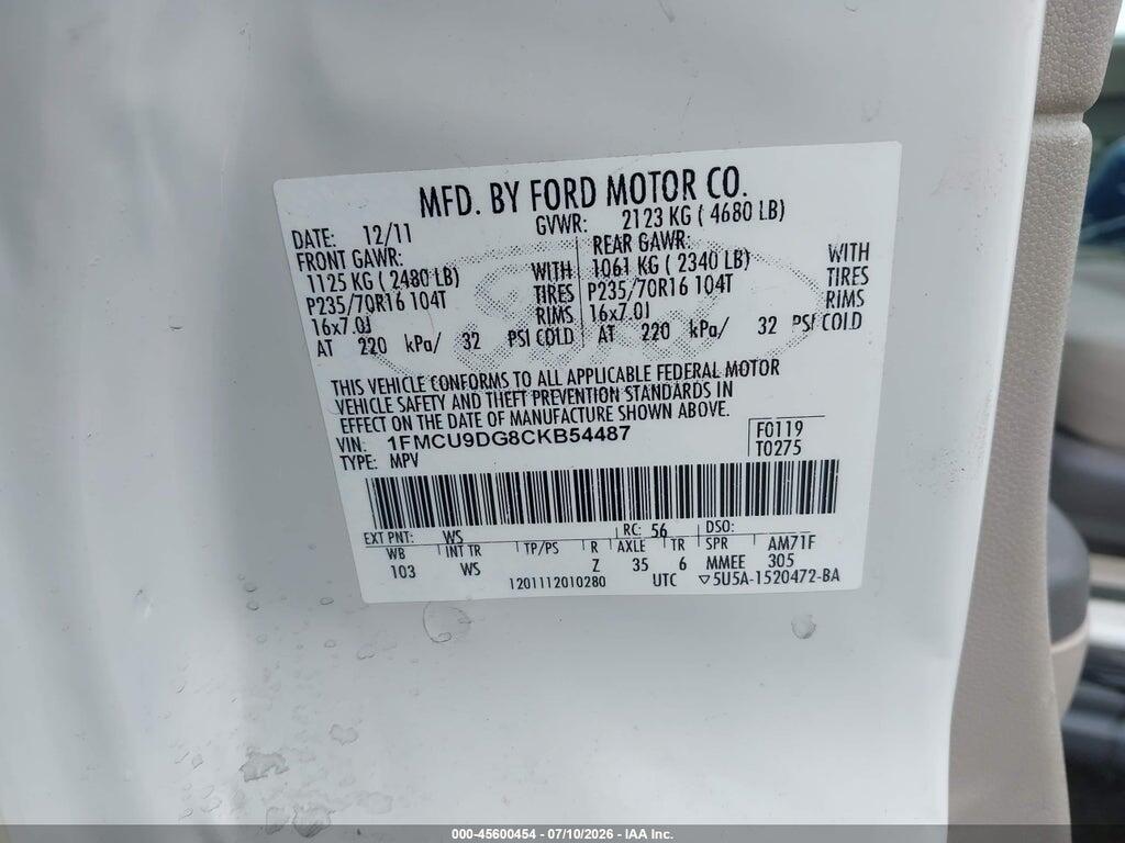 1FMCU9DG8CKB54487 2012 FORD ESCAPE photo no. 9