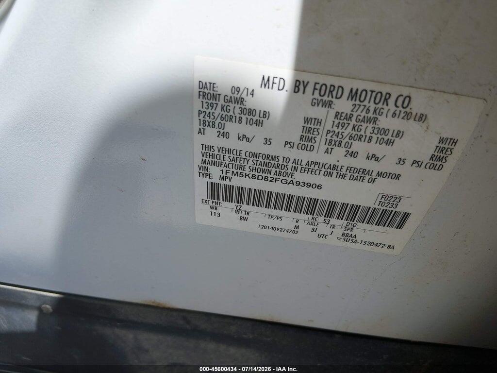 1FM5K8D82FGA93906 2015 FORD EXPLORER photo no. 9