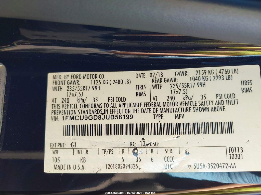 1FMCU9GD8JUB58199 2018 FORD ESCAPE photo no. 9
