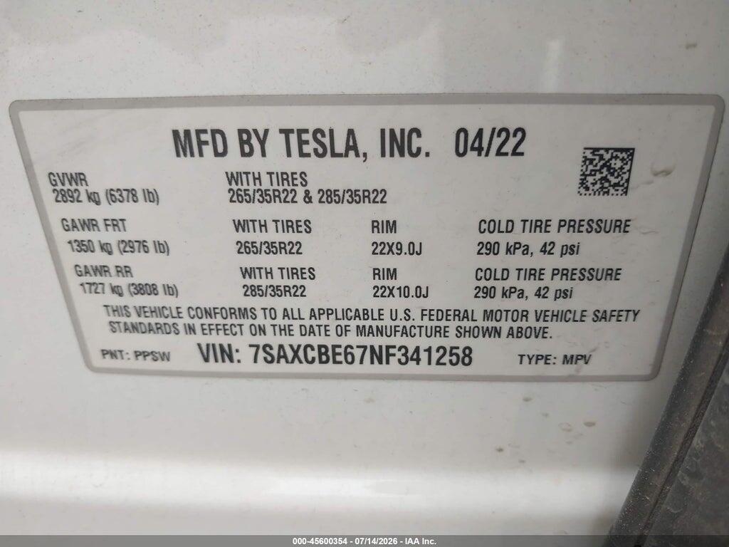 7SAXCBE67NF341258 2022 TESLA MODEL X photo no. 9