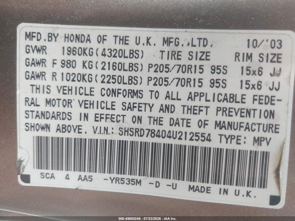SHSRD78404U212554 2004 HONDA CR-V photo no. 9