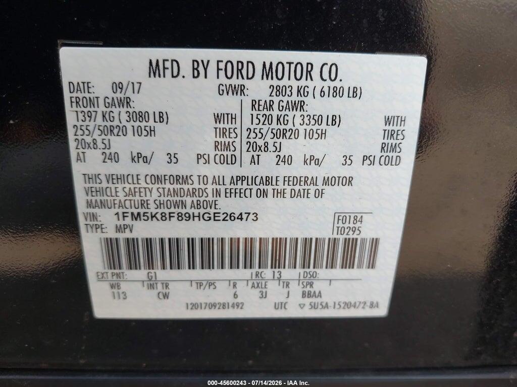 1FM5K8F89HGE26473 2017 FORD EXPLORER photo no. 9