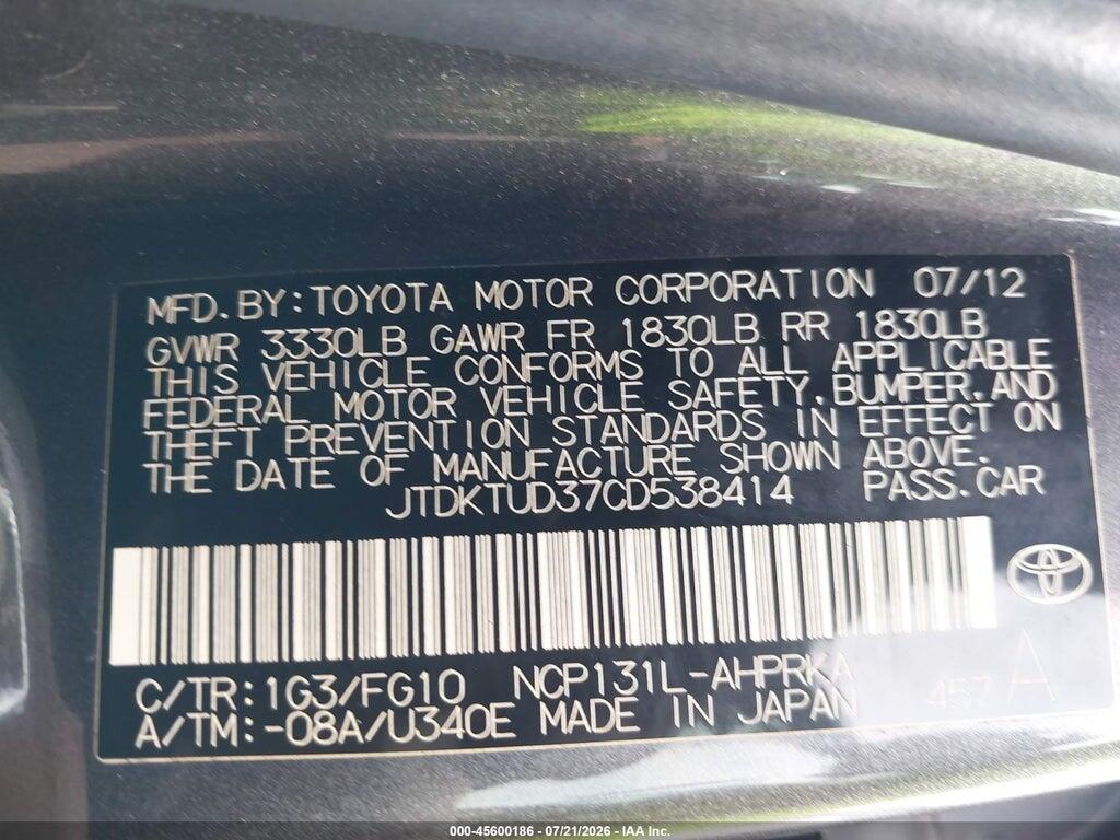 JTDKTUD37CD538414 2012 TOYOTA YARIS photo no. 9