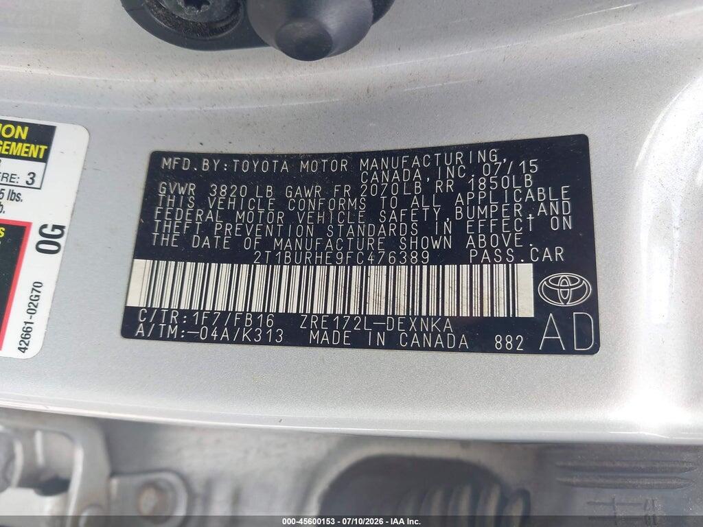 2T1BURHE9FC476389 2015 TOYOTA COROLLA photo no. 9