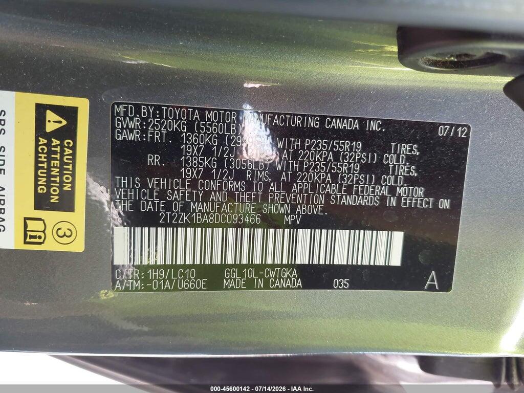 2T2ZK1BA8DC093466 2013 LEXUS RX 350 photo no. 9