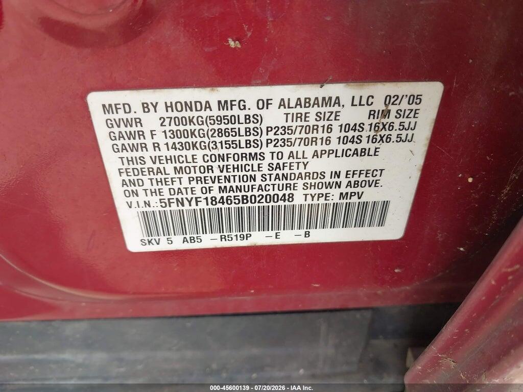 5FNYF18465B020048 2005 HONDA PILOT photo no. 9
