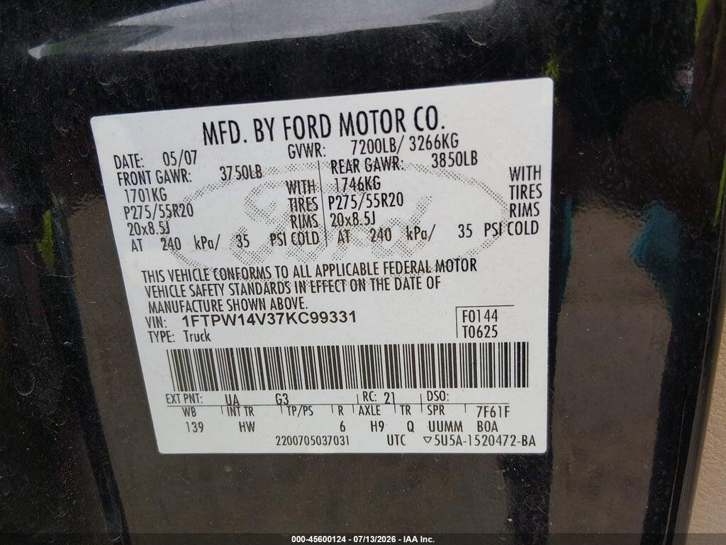 1FTPW14V37KC99331 2007 FORD F-150 photo no. 9