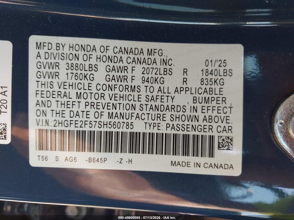 2HGFE2F57SH560785 2025 HONDA CIVIC photo no. 9