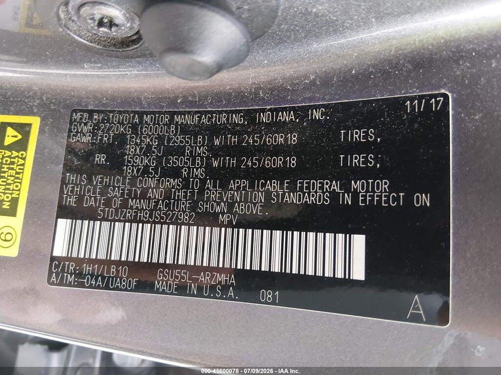 5TDJZRFH9JS527982 2018 TOYOTA HIGHLANDER photo no. 9