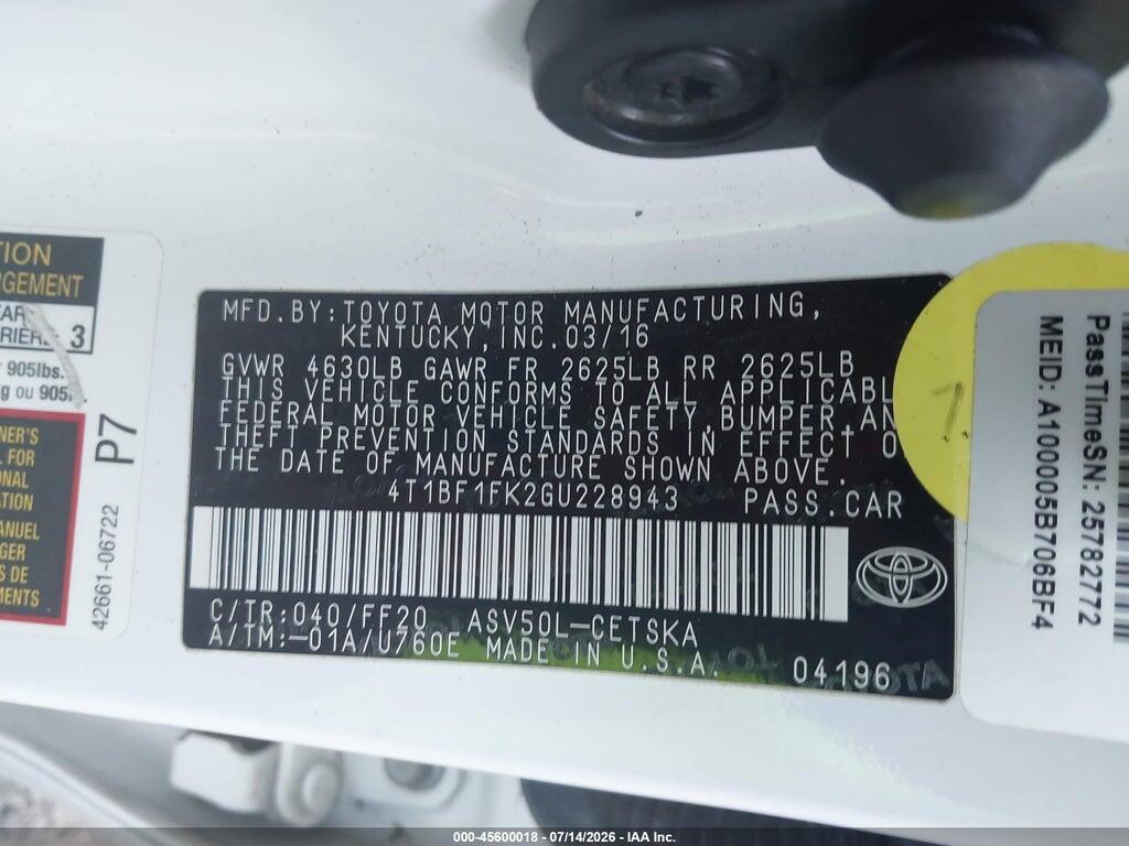 4T1BF1FK2GU228943 2016 TOYOTA CAMRY photo no. 9