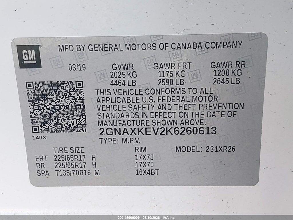 2GNAXKEV2K6260613 2019 CHEVROLET EQUINOX photo no. 9