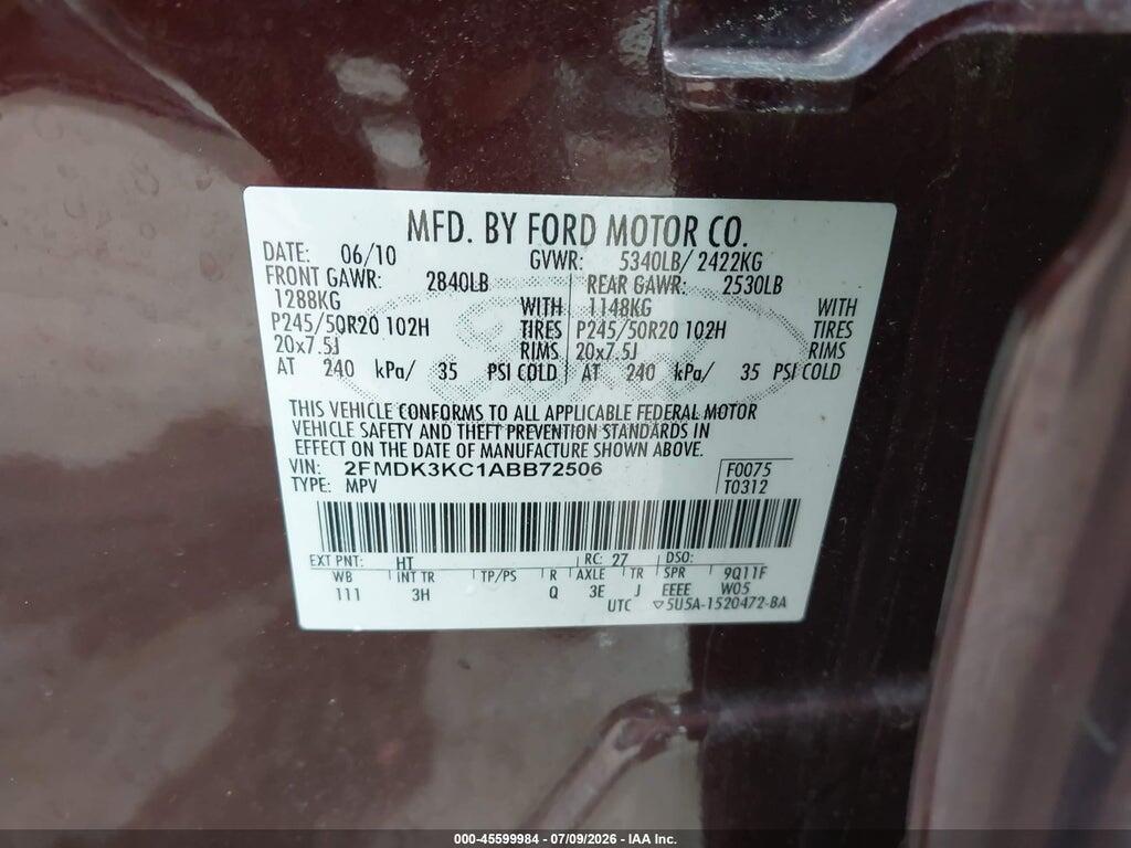 2FMDK3KC1ABB72506 2010 FORD EDGE photo no. 9