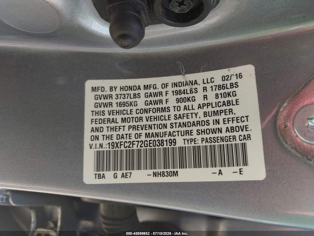 19XFC2F72GE038199 2016 HONDA CIVIC photo no. 9