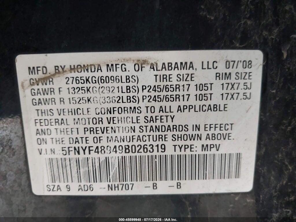 5FNYF48949B026319 2009 HONDA PILOT photo no. 9